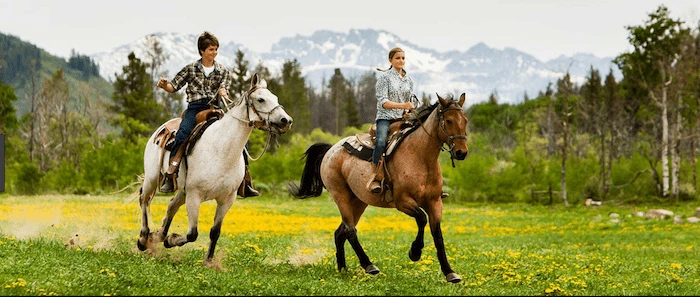 Confident plus-size woman riding Bushey a horse through a field with a smile on her face.